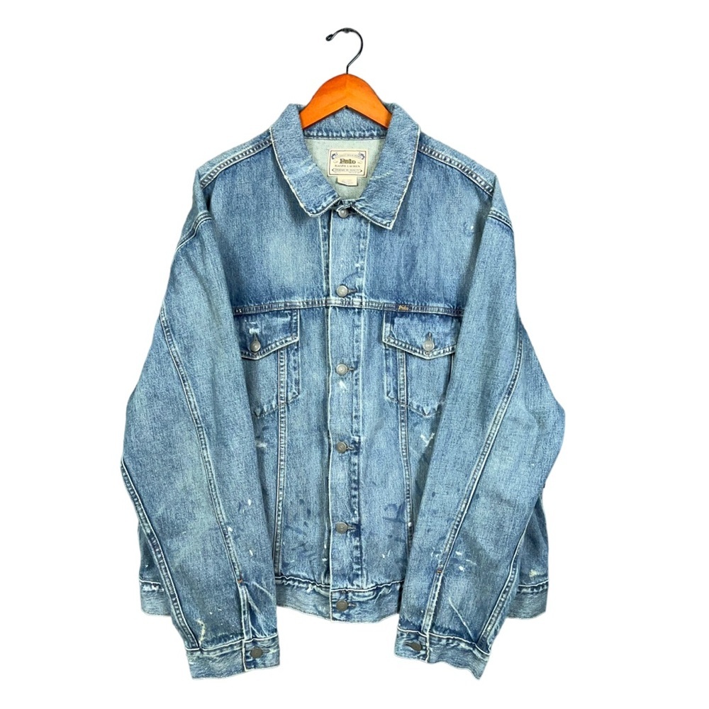 Polo Ralph Lauren Denim Jacket Mens Trucker Blue Distressed Paint Splatter XLT
